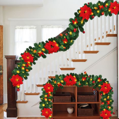Randaco Weihnachtsgirlande mit 2,7m künstlicher Tannengirlande Rosa Blumen und 50 warmweißen LEDs in 2 Modi Festlicher Weihnachtskranz mit Beleuchtung und Dekoration (1/5)