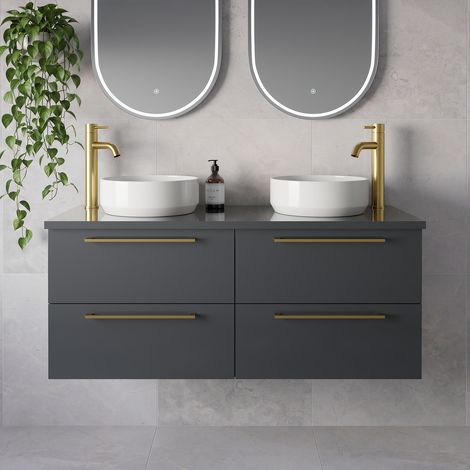Napoli 460 Gloss Grey 1200mm Wall Mounted 4 Drawer Vanity Unit for Countertop Basins - 1200mm - Brushed Brass 320mm Handle