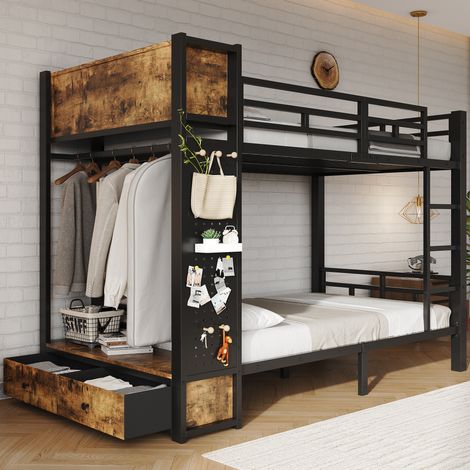 Metall-Etagenbett 120 x 200 cm mit Stauraum, Kleiderstange und Schublade, Schwarz OKMYHOME (1/5)