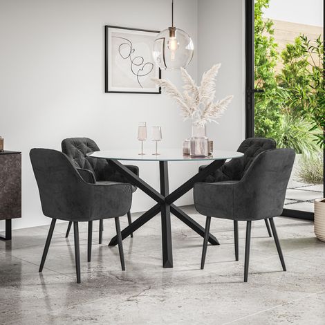 Malvern Round Dining Table And Chairs -  Clear Glass Table Top w Solid Black Oak Legs + Anika Velvet Dining Chair Set Of 4 (Black) (1/5)