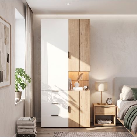Armario ropero 90 x 49 x 200 cm en MDF blanco y efecto madera, LED, 4 cajones joyero - CHICFURN (1/5)