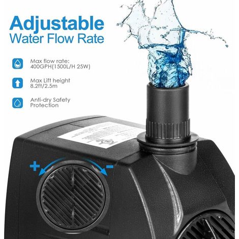 Pompe de fontaine, pompe à eau submersible 400GPH, pompe de piscine de fontaine extérieure 25W, hauteur de chute de 8,2 pieds, Fish Tank Hydroponic Systems avec 3 buses d'aquarium, étang, aquarium, po (1/4)