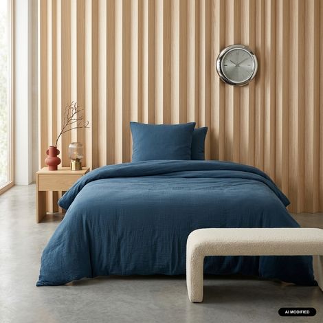 Parure de lit gaze de coton bleu foncé - Alix 240 x 220 cm (1/3)