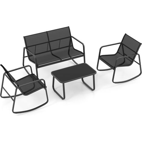 Set da 4 pezzi per il patio con sedie a dondolo, 2 Sedie a dondolo e divanetto con tavolo in vetro per portico Nero (1/4)