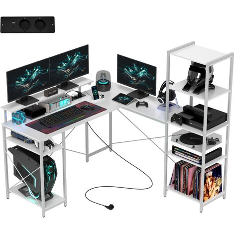 Bureau en L avec station de chargement, bureau d'angle avec support pour écran et étagères, idéal pour télétravail, blanc (1/5)