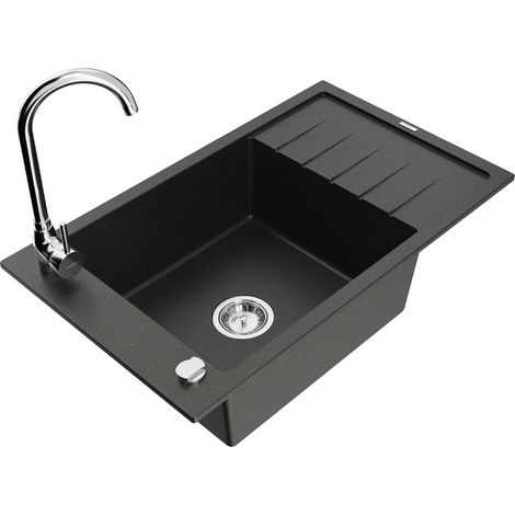 Mexen Elias lavello da cucina in granito a 1 vasca con scolapiatti e rubinetto Telma, nero/oro - 6511-75-670200-00 (1/5)