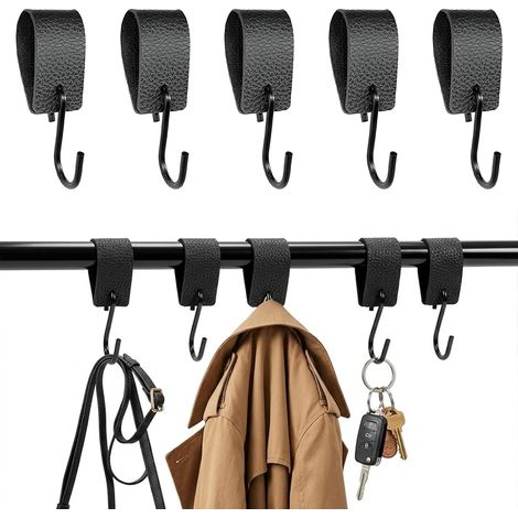 Lot de 10 crochets en S pour tringle à vêtements, crochets en S noirs avec boucle en cuir, crochets de garde-robe noirs, pour cuisine, suspension d'armoire, salle de bain, chambre à coucher (1/5)