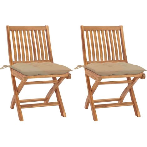 vidaXL Sillas plegables (2 unidades) con cojines beige, de madera maciza de teca. (1/5)