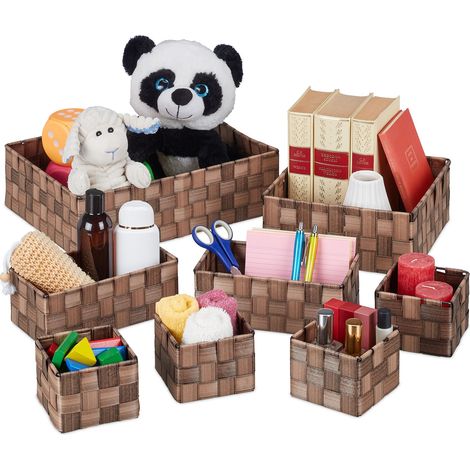 Relaxdays Aufbewahrungskorb, 8er Set, 4 Größen, Körbchen in Holzoptik, geflochten, Schrank & Regal, Kunststoff, braun (1/5)