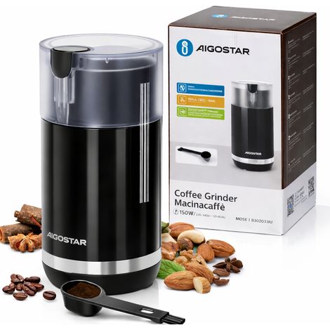 Aigostar Macinacaffè Elettrico 150W Lame Inox 70g Nero Trasparente Compatto