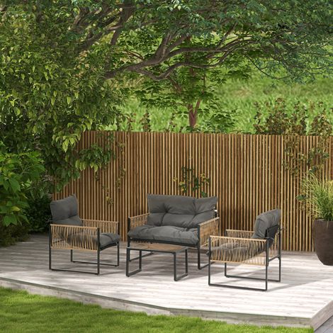 Conjunto de jardín de 4 piezas de poliratán con cojines y mesa de cristal, color gris oscuro (1/5)