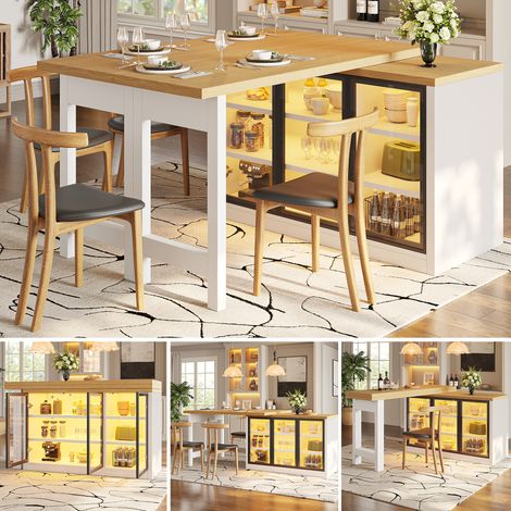 Multifunktionaler Esstisch Seiten-Schrank Kombination, 360° drehbare,  smartes Farblichtsystem, Kücheninsel Esszimmermöbel im modernen Design, Ausziehbarer Kücheninsel-Esstisch, Weiß (1/5)