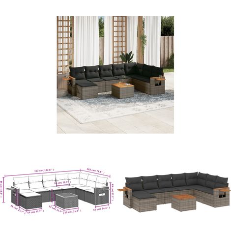 9-tlg. Garten-Sofagarnitur mit Kissen Grau Poly Rattan - Gartenmöbel Set - Gartensorte - Outdoor Möbel - Lounge Sofa - Esszimmergarnitur - Home & Living (1/3)