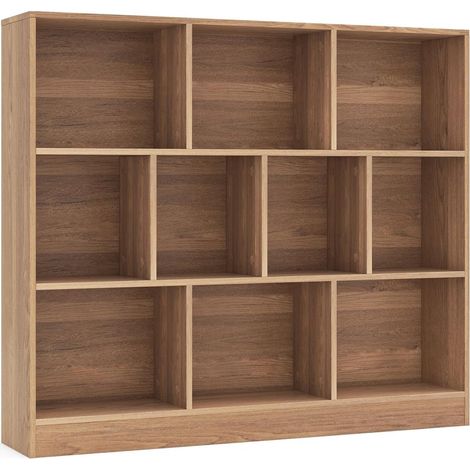 COSTWAY Bibliothèque Étagère à 10 Compartiments Ouverts, Meuble de Rangement à 3 Niveaux, Kits Anti-basculement, Bibliothèque de Cloison Séparateur, pour Salon, Chambre, Bureau (Naturel) (1/5)