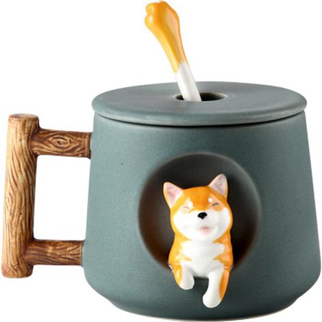 Tasse À Café - Céramique - 420 Ml - Anse En Bois - Avec Cuillère - Motif Shiba Inu 3D (1/5)