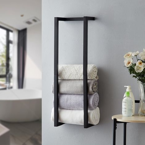 Porte-Serviettes pour Serviettes roulées, Porte-Serviettes pour Salle de Bain, Organiseur Mural en métal pour Salle de Bain Moderne, Petit Espace de Rangement (Noir) (1/5)