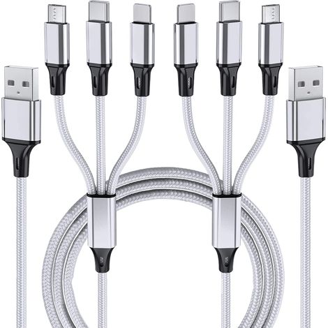 Câble de charge multiple, lot de 2 câbles de charge tressés universels 3 en 1, extra longs, avec connecteurs USB-C et micro-USB pour téléphones portables et autres appareils. (1/5)