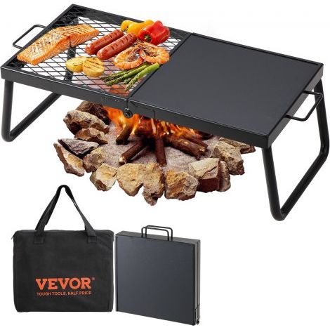 Grille Pliante 57x28,5x23 cm Gril de Feu de Camp Portable en Acier Grille de Cuisson Pliable Demi-Grille Demi-Plaque avec Sac de Transport pour Foyer BBQ Pique-Nique Jardin Balcon Voyage Camping (1/4)