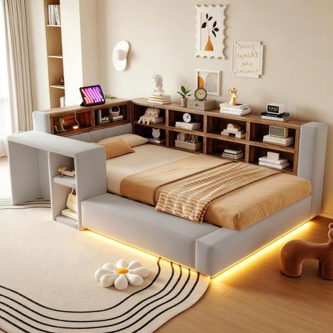 Cama tapizada 90x200 cm gris claro con almacenaje, LED y enchufes integrados (1/5)