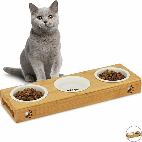 Filiyano-Bol triple en bambou, bols en céramique, eau et aliments, compatible lave-vaisselle, naturel, 1 (1/5)