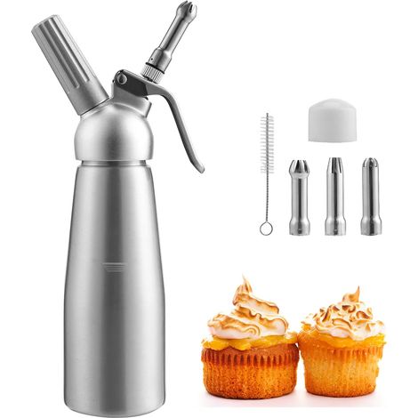 Distributeur de crème chantilly VINGO 500 ml, siphon à crème en aluminium avec 3 embouts décoratifs en acier inoxydable, appareil à chantilly professionnel, utilise des cartouches de protoxyde d'azote (1/5)