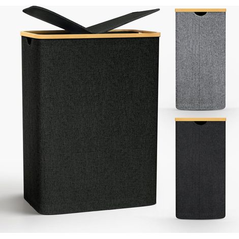 Cesto plegable para ropa sucia, 140 l, 2 compartimentos, con asas de bambú, con bolsas de tela Oxford extraíbles para lavandería, dormitorio y baño. (1/5)