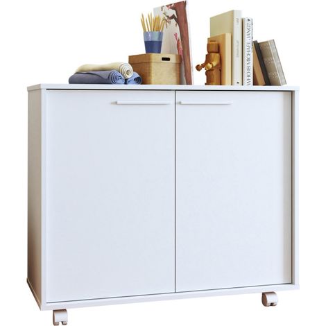 Meuble de Rangement 2 Portes 4 Niches Blanc sur Roulettes L 90 H 76.5 P 35.5 cm (1/5)