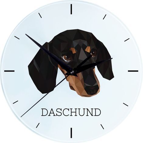 Reloj de pared geométrico con foto e inscripción de Art-Dog, que muestra un perro salchicha de pelo corto. (1/4)