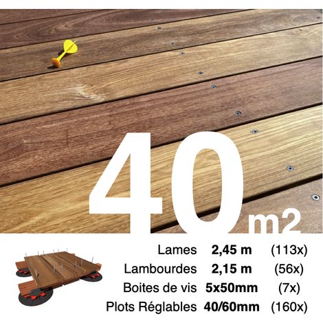 Kit complet terrasse bois exotique CUMARU pour 40 m² • Lames 2,45 m, lambourdes 2,15 m, plots réglables et visserie Inox • Livraison gratuite