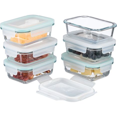 Relaxdays Boîtes alimentaires en verre, lot de 6, couvercle hermétique en plastique, 370 ml, récipients, transparents