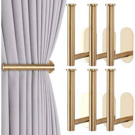 Lot de 6 embrasses et fixations adhésives pour rideaux, cordons de tirage sans perçage, crochets et fixations adhésifs pour rideaux (6 pièces, doré)