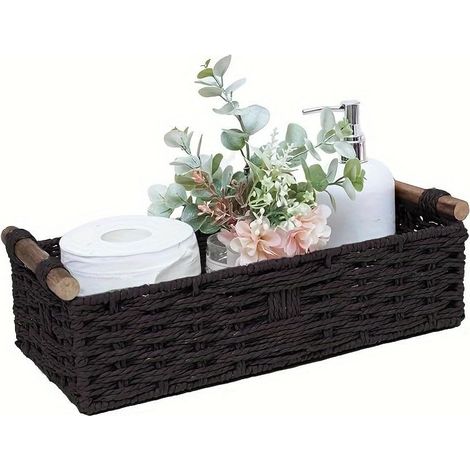 Cesta de almacenamiento trenzada de cuerda de papel negra con asa, caja de almacenamiento artesanal, apta para baño, parte superior del tanque del inodoro, encimeras y detrás del inodoro, accesorio de