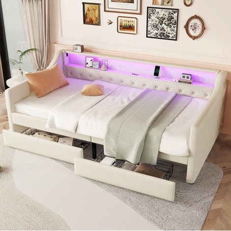 DESVIAE Lit de jour 90 x 200 cm canapé lit avec sommier à lattes éclairage LED télécommandé port USB 2 tiroirs de rangement en lin beige (1/5)