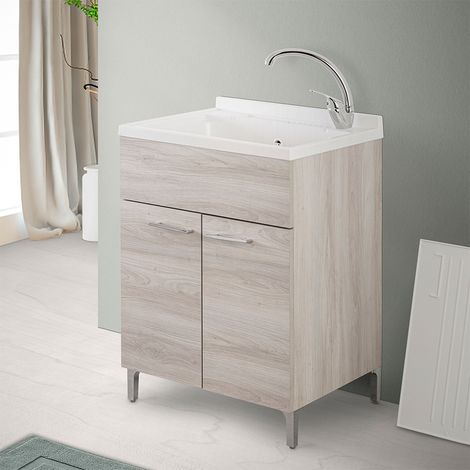 Mobile lavatoio 60x60 cm 2 ante rovere grigio con vasca in resina, asse lavapanni e kit di scarico