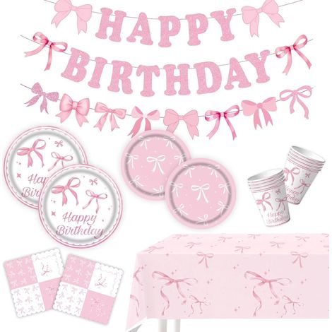 Set de Vaisselle Anniversaire Rose avec Nœuds, 10 Personnes, Assiettes, Gobelets, Serviettes et Couverts (1/5)