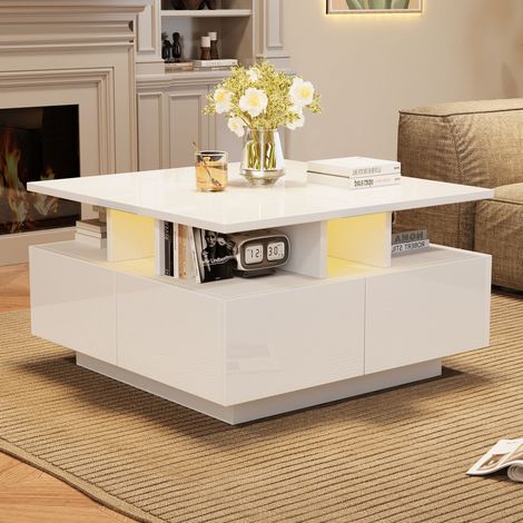Table basse 70x70x40 cm blanche avec LED et 4 tiroirs, panneaux de particules MEUBLIV (1/5)