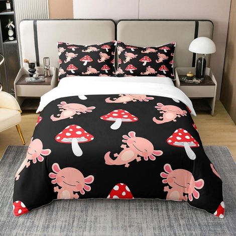 Bettwäsche-Set 220x240cm 100% Baumwolle mit 2 Kissenbezügen 80x80cm, Axolotl Pilz Design