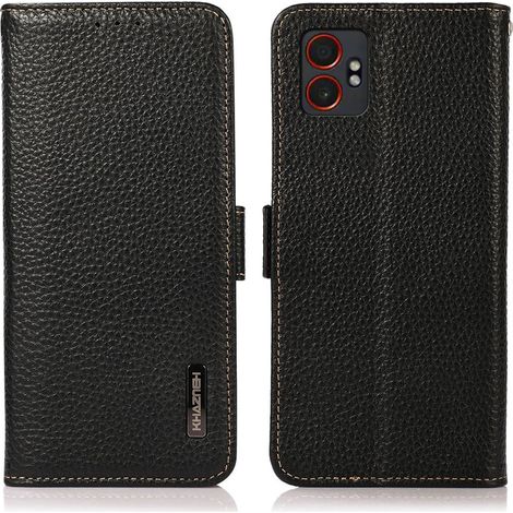 Étui à rabat en cuir de vachette véritable KHAZNEH compatible avec Samsung Galaxy XCover7 Pro - Noir (1/5)