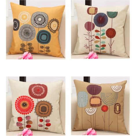 Juego de 4 fundas de almohada sencillas con estampado digital, fundas decorativas de 45 x 45 cm, confeccionadas en algodón y lino.