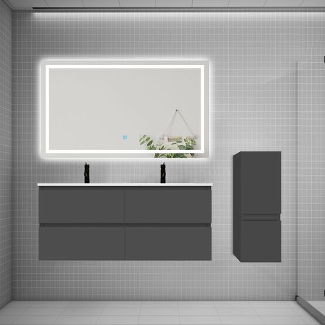 AICA AICA Ensemble meuble 2 vasque L.120cm 4 tiroirs + lavabo + LED miroir + colonne anthracite (1/5)