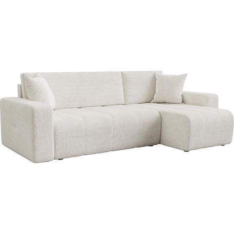 Mobilier Deco – Canapé d'angle convertible réversible avec coffre – Velours côtelé beige – Confort optimal avec coussins épais – Design moderne et élégant (1/5)