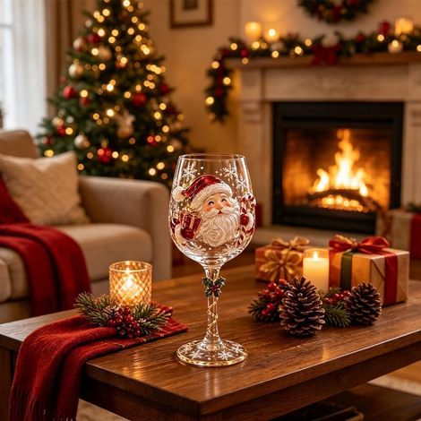 Verre à vin de Noël Père Noël (1 pièce), un verre festif surélevé décoré de flocons de neige, idéal pour le vin, les cocktails, les fêtes de fin d'année et la décoration de table.