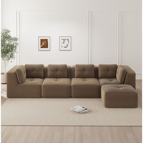 Modulares Ecksofa 386x177x69 cm braun aus Cord mit tiefer Sitzfläche und rutschfestem Stand (1/5)
