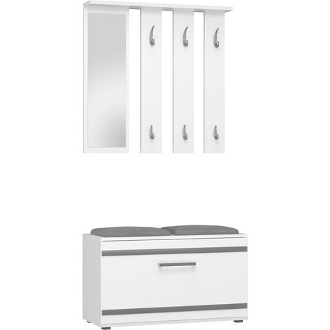 Flurmöbel-Set: Garderobenständer mit Spiegel, Schuhschrank, Sitzbank – Mattweiß (1/5)
