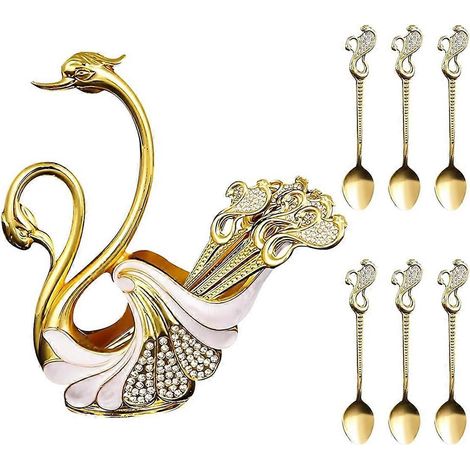 Porte-cuillères à café décoratif en métal avec base en forme de cygne et ensemble de 6 cuillères, ensemble de cuillères à café et à thé avec support (1/4)