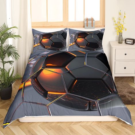 Parure de lit zippée de 2 pièces avec housse de couette de 135 x 200 cm et 1 taie d'oreiller en microfibre motif imprimé football en noir et gris thème sportif pour enfant garçon adolescent (1/5)