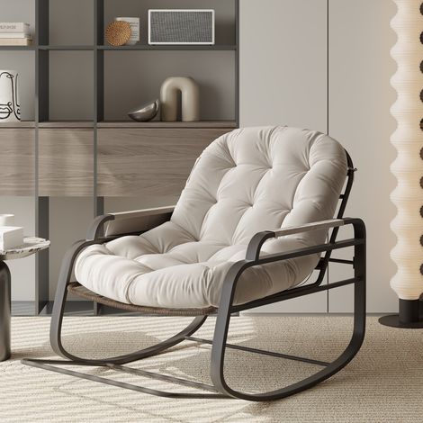 Schaukelstuhl Garten Schwingsessel Ergonomischer Schaukelsessel Wohnzimmer Relaxstuhl mit Gepolsterer,Relaxsessel mit Rutschfesten Füßen, Ideal für Balkon, Garten und Wohnzimmer,Beige
