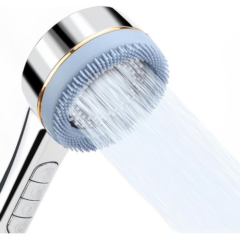 4-Strahl-Duschkopf – Hochdruck-Antikalk-Duschkopf und Silikon-Massagebürste – wassersparender ABS-Duschkopf – Silber (1/5)