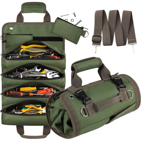 Robuste Werkzeugtasche, aufrollbarer Werkzeugorganizer, tragbare Werkzeugaufbewahrungsbox mit 2 abnehmbaren Reißverschlusstaschen, grün. (1/4)