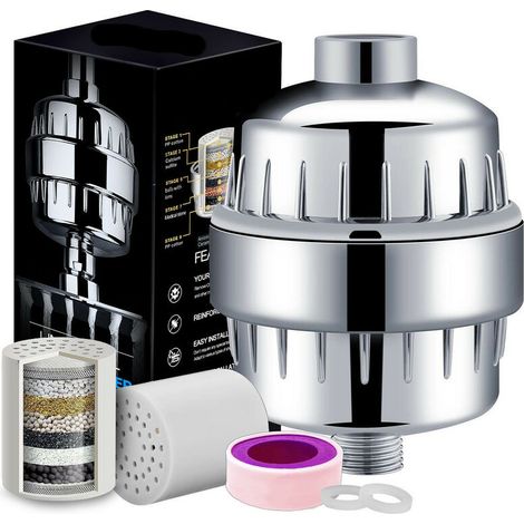 Multi-stage shower filter with replaceable cartridge